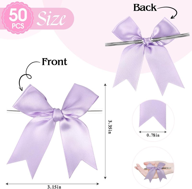 comosso Twist Tie Bows, Satin Ribbon Bows - 3 Inches, 50-Pack for Treat Bags Gift Wrapping Basket Crafts Wedding Baby Shower Brithday Christmas Party Decorations （Lightpurple） - Image 2